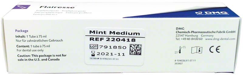 Flairesse Prophylaxepaste-Verpackung mit mintfarbenem Etikett, 75 ml, mittlere Körnung.