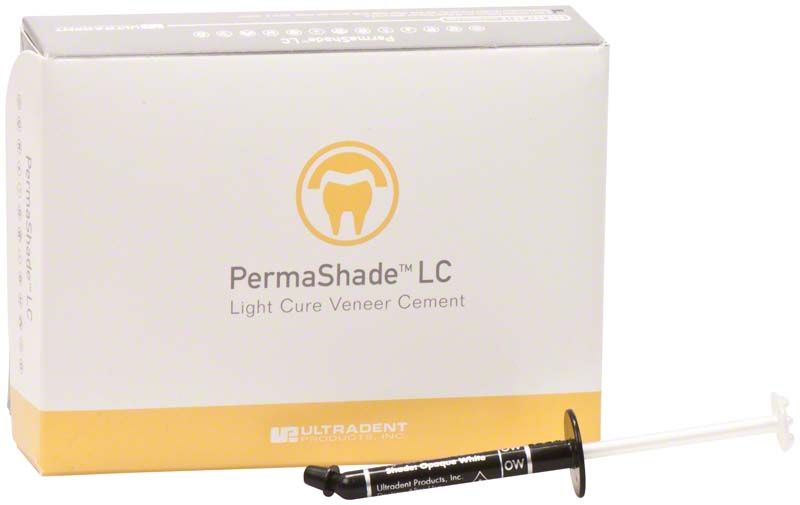 Verpackung von Permashade LC Veneer Cement opak-weiß mit Spritze.