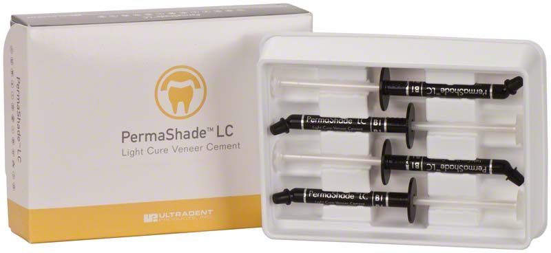 Permashade LC Veneer Cement B1 in schwarzer Spritzenverpackung mit Produktbox.