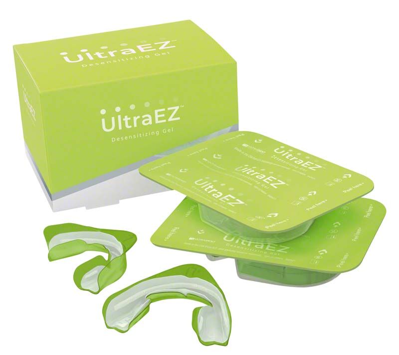 UltraEZ Desensibilisierungsgel Minikit mit Verpackung und Zahnschienen.
