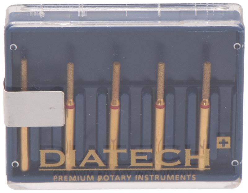 Diatech Diamant FG G836R-314-012-6-F in Verpackung mit fünf rotierenden Instrumenten.