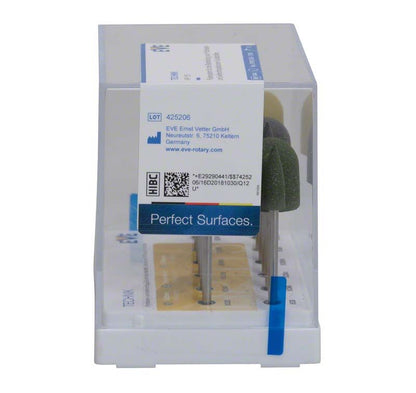 Transparente Verpackung des EVE TECHNIK Set HP 115 mit Polieraufsätzen.