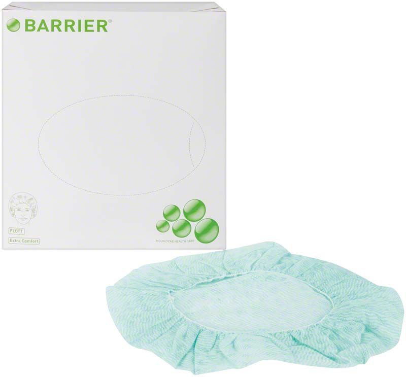 Grüne OP-Haube Barrier® vor Verpackung mit Logo und Grafiken.