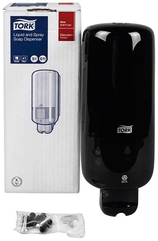 Schwarzer Tork Spender für Flüssig- und Sprühseifen mit Verpackung.