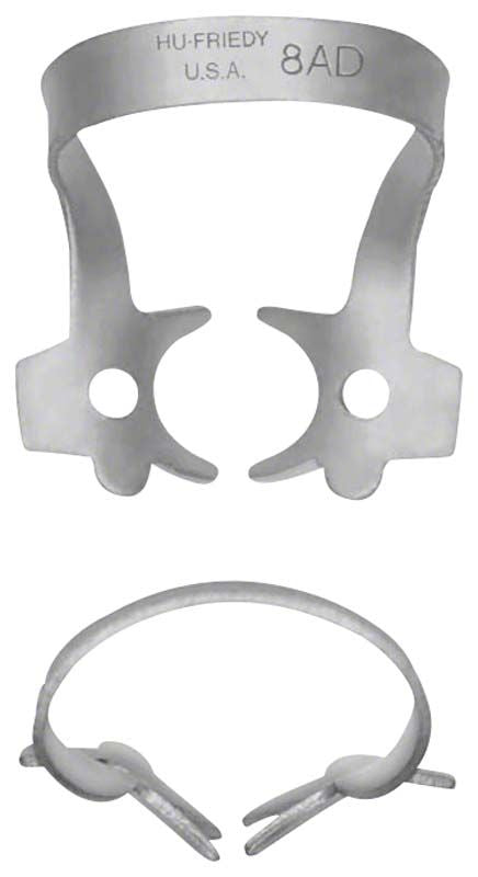 Kofferdam-Klammer Satin Steel Figur 8AD für Molaren, mattes Finish.