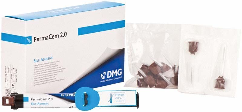 PermaCem 2.0 Refill A2 Verpackung mit Zubehör und DMG-Logo.