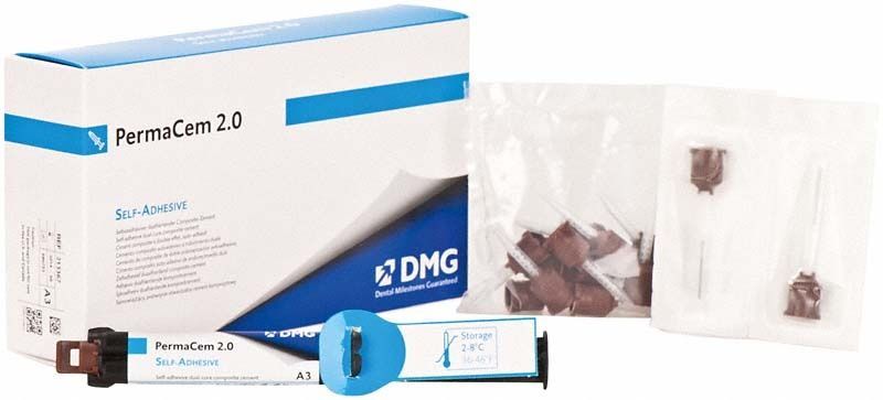 PermaCem 2.0 Refill A3 Zementkartusche mit Verpackung und Zubehör.