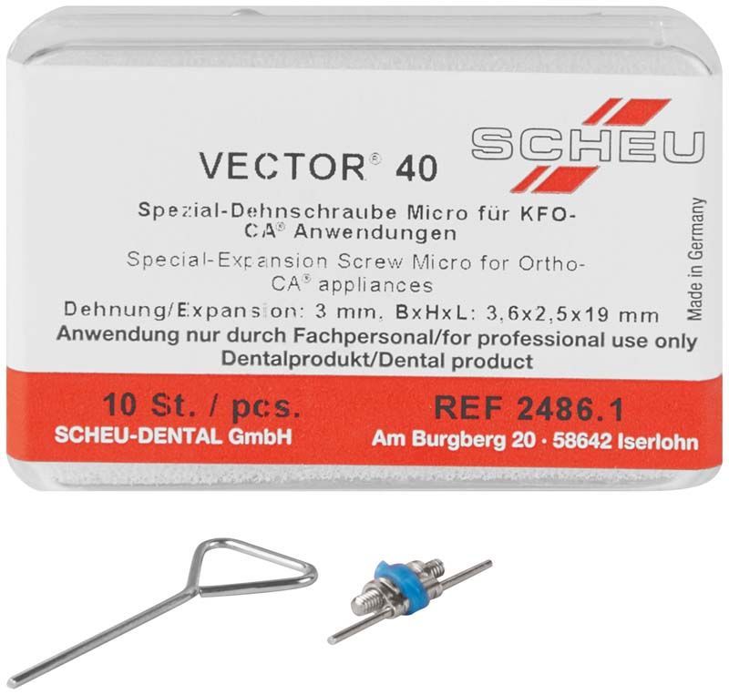 Verpackung der VECTOR® Spezialschraube Typ 40 - Micro mit blauem Mittelstück und beigelegter Schraube.
