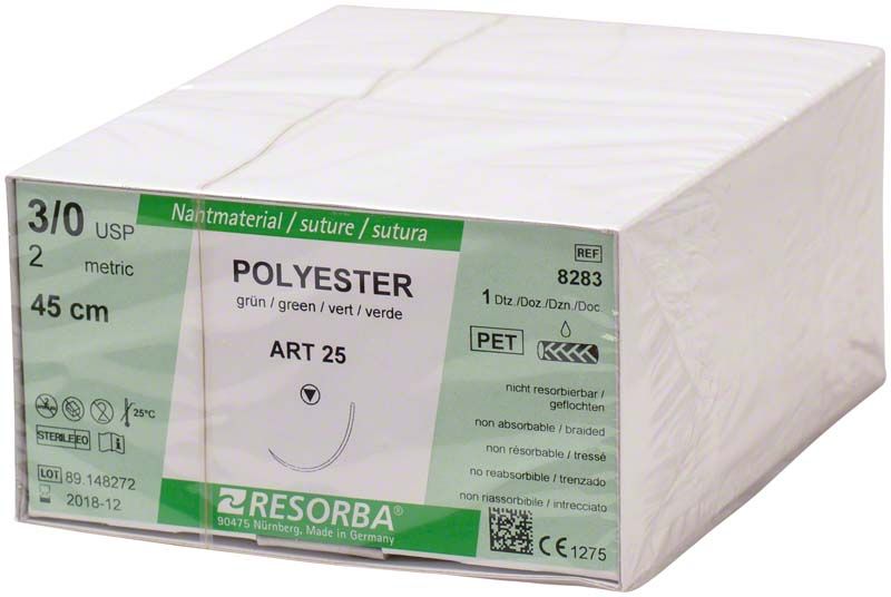 Nahtmaterial RESORBA® Polyester ART25 3/0 45cm, 12er Packung.