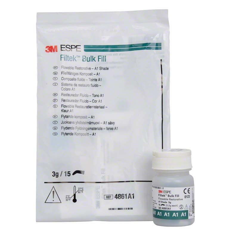 Filtek™ Bulk Fill Flowable Kapseln A1 in Verpackung mit Beipackzettel.
