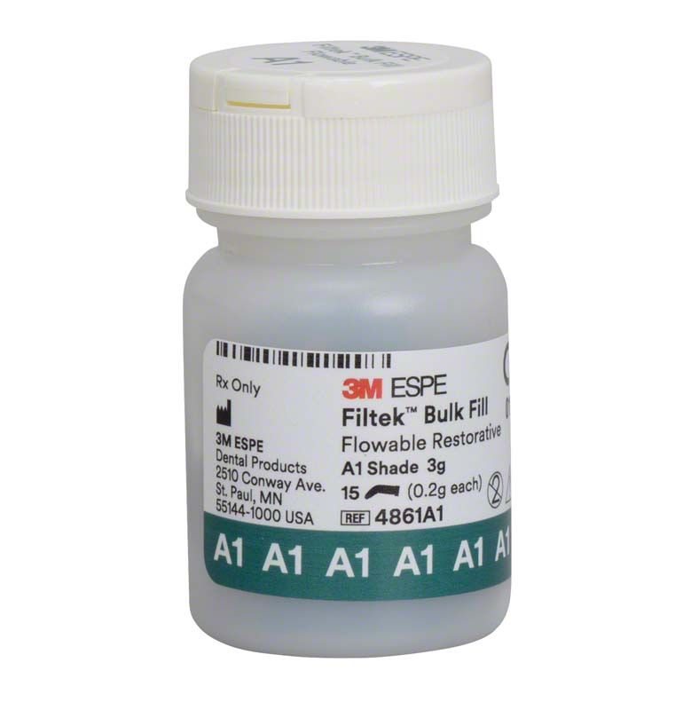 Filtek™ Bulk Fill Flowable Kapseln A1 in weißem Kunststoffbehälter mit Etikett.