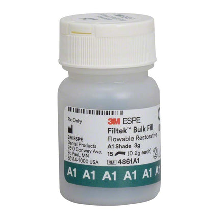 Filtek™ Bulk Fill Flowable Kapseln A1 in weißem Kunststoffbehälter mit Etikett.