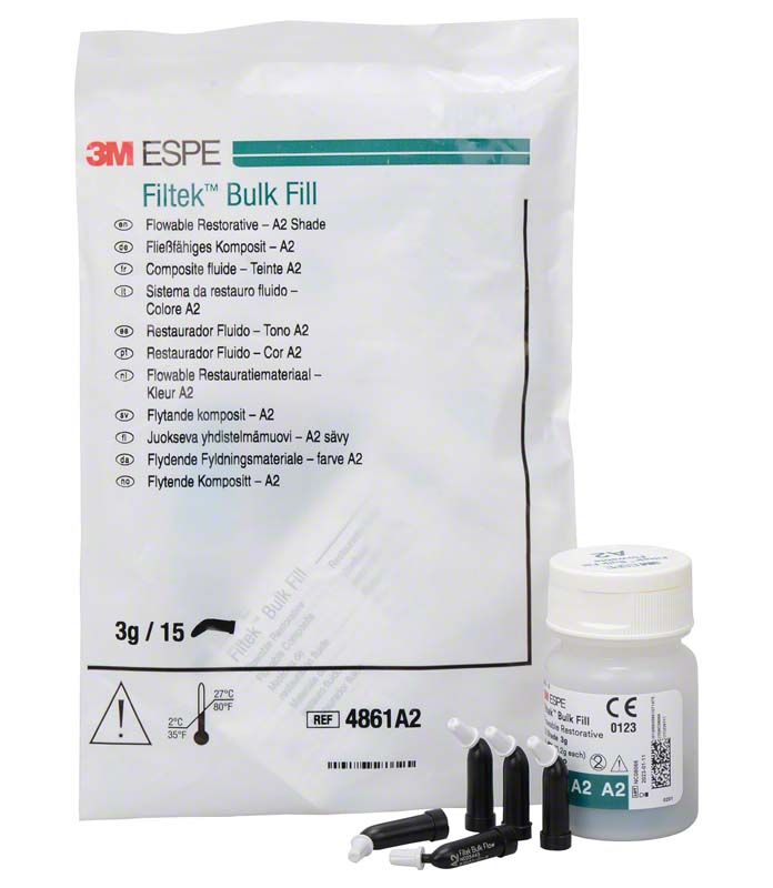 Filtek™ Bulk Fill Flowable Kapseln A2 mit Verpackung und Kapselbehälter.