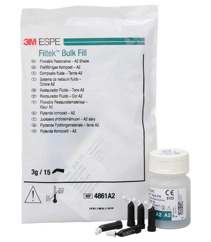 Filtek™ Bulk Fill Flowable Kapseln A2 mit Verpackung und Kapselbehälter.