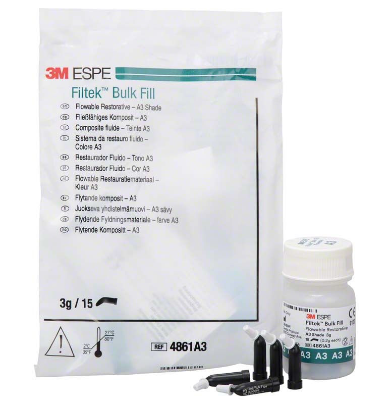 Filtek™ Bulk Fill Flowable Kapseln A3 mit Verpackung und Applikatoren.