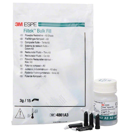 Filtek™ Bulk Fill Flowable Kapseln A3 mit Verpackung und Applikatoren.