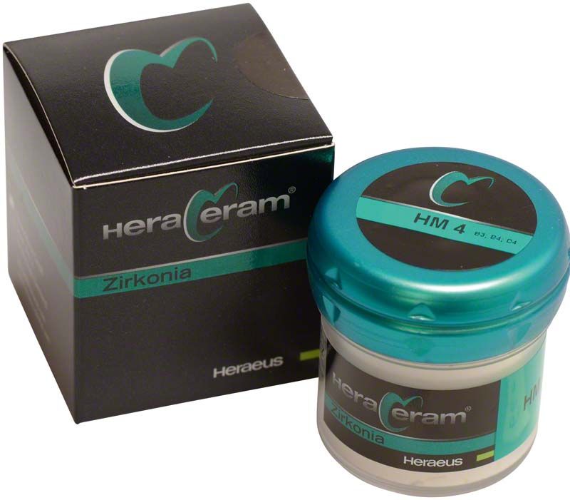 HeraCeram® Zirkonia Schultermasse HM4 mit Verpackung und Produktansicht.