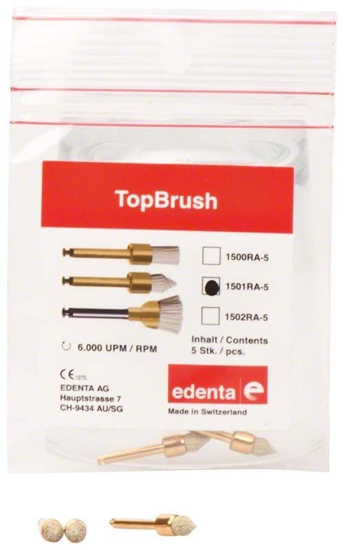 TopBrush Spitze Prophylaxe-Polierer mit Nylonbürsten und Polierkörpern in Verpackung.