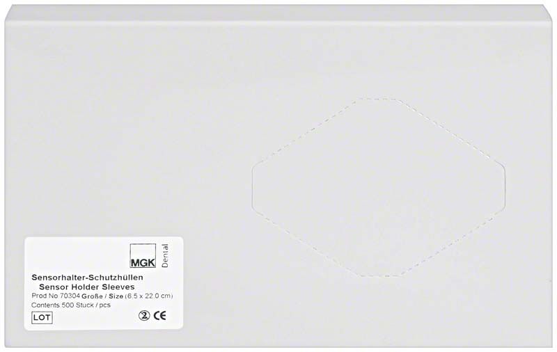 Sensorhalter-Schutzhüllen-Verpackung mit Größen- und Produktinformationen auf der Vorderseite.