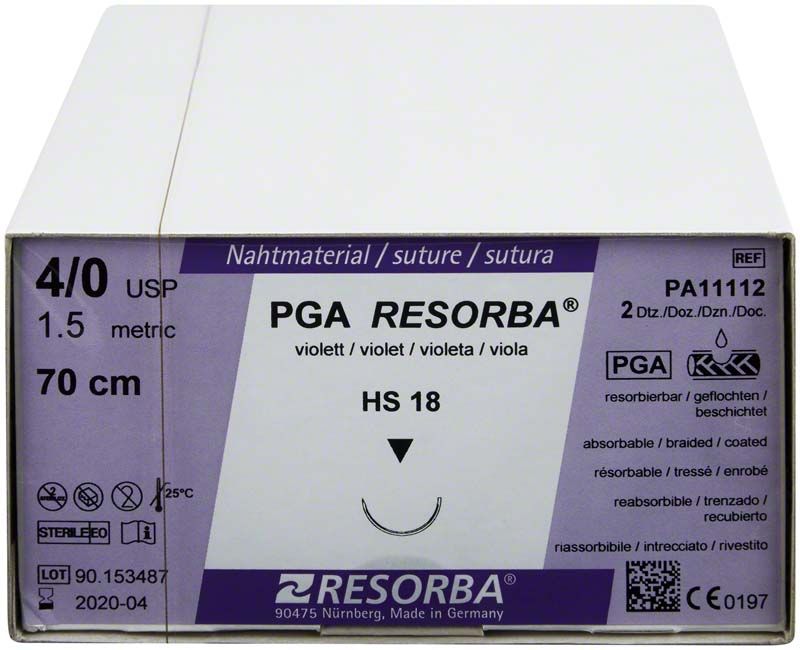 Nahtmaterial PGA-RESROBA® HS18 4/0 in Originalverpackung mit Produktdetails.
