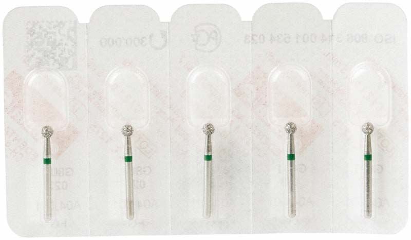 Diamant FG 801G 023 Dentalbohrer mit grünem Ring in Blisterverpackung.