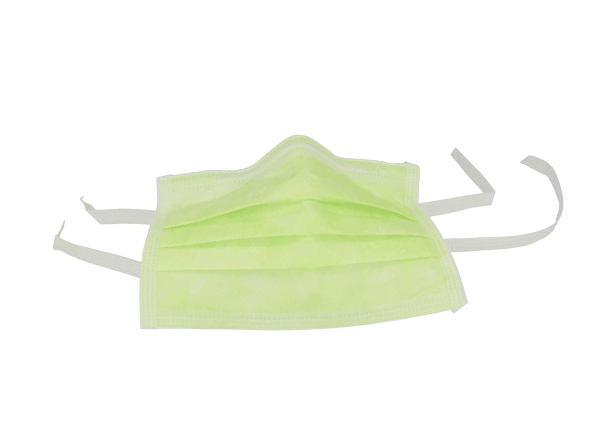 3-lagiger grüner Mundschutz mit drei Bändern und Metall-Nasenbügel.