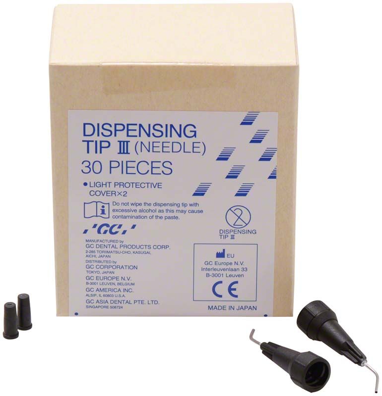 Dispensing Tips III Metall für dentale Fließkomposite, Packung mit 30 Stück.
