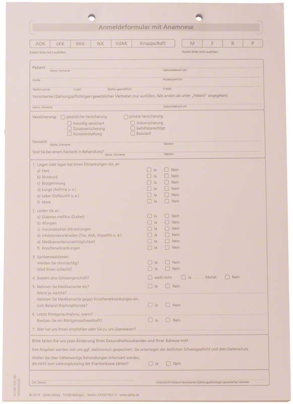 Anmeldeformular mit Anamnese im DIN A4-Format für Zahnarztpraxen.