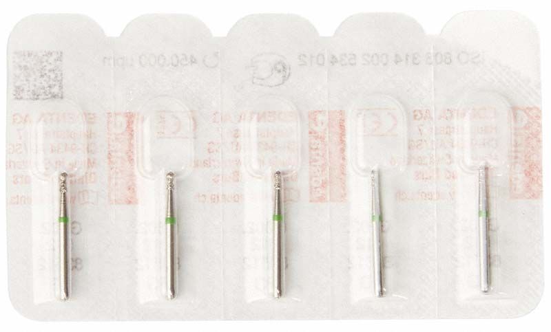 Bohrer Diamant FG G802 012 grün in Blisterverpackung mit vier Stück.
