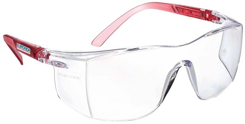 Monoart Schutzbrille mit roten verstellbaren Bügeln und Seitenschutz.