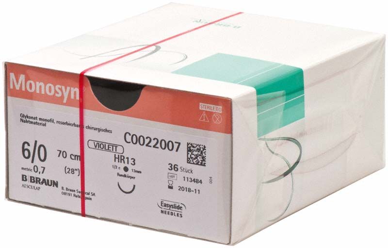 Monosyn® chirurgisches Nahtmaterial 6/0, 70cm, sterile Verpackung.