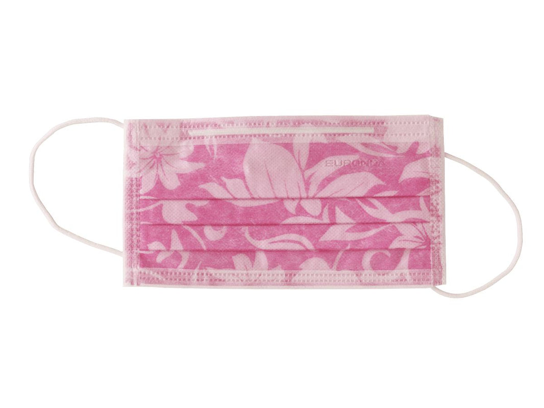 4-lagiger rosa Mundschutz mit Blumenmuster und elastischen Bändern.