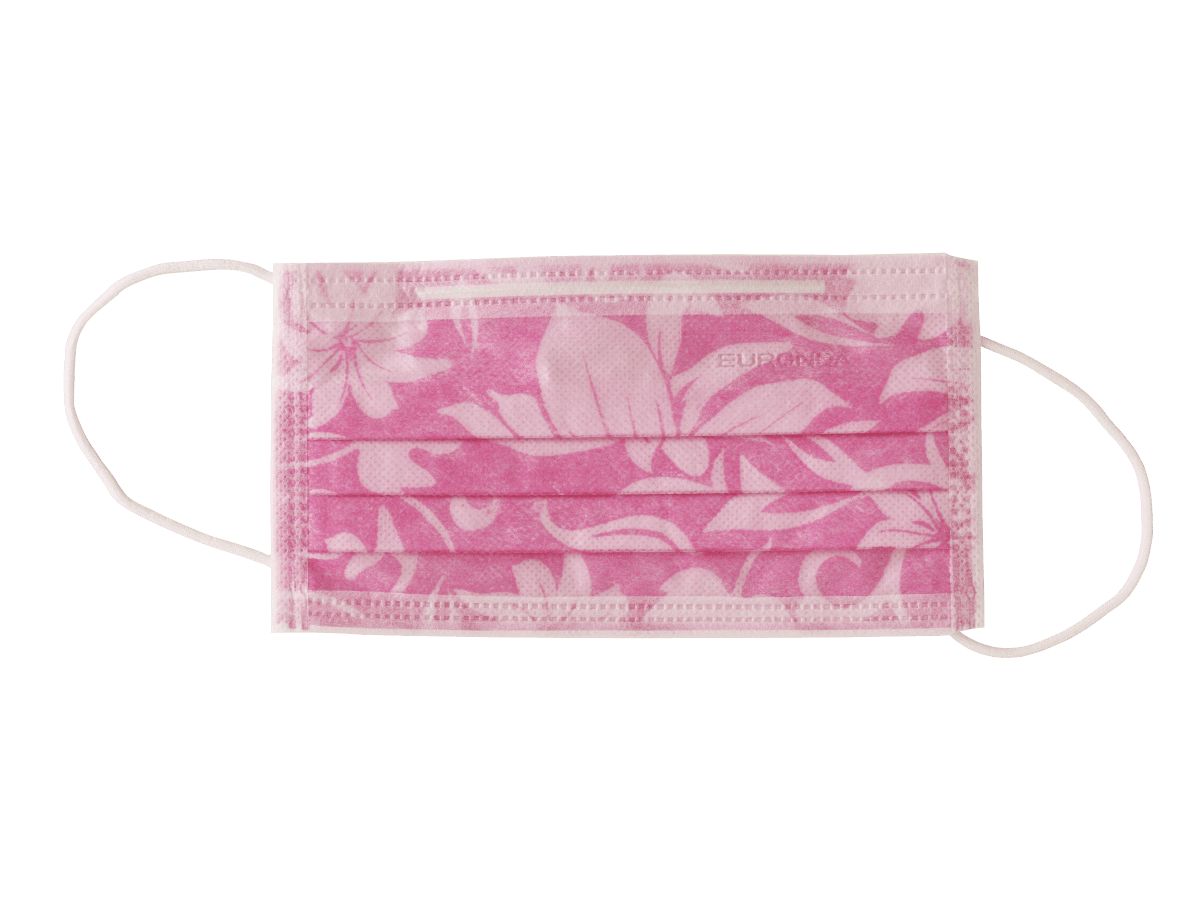 4-lagiger rosa Mundschutz mit Blumenmuster und elastischen Bändern.
