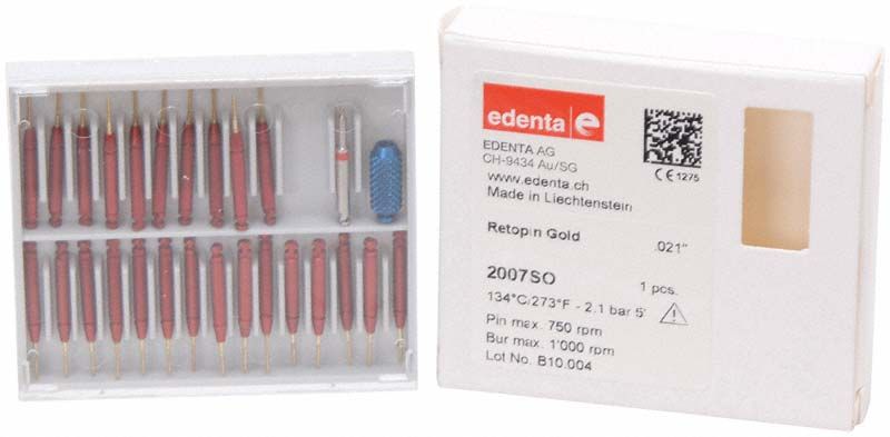 Retopin Stift Gold in Verpackung mit 25 vergoldeten Retentionsstiften.
