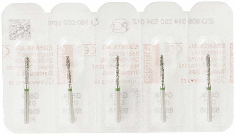 Diamantenschleifer FG 879G 012 in Blisterverpackung, Torpedoform, grüner Ring.