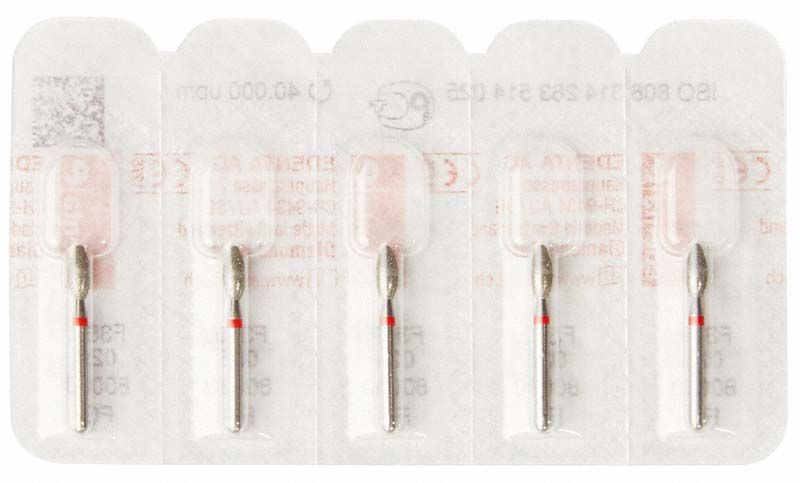 Diamantinstrument FG F369 025 rot, verpackt in Blisterpackung.