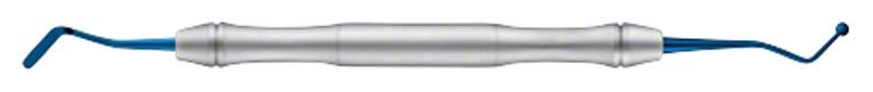 Kombiniertes Spatel- und Kugelinstrument für dentalen Einsatz in Silber-Blau.