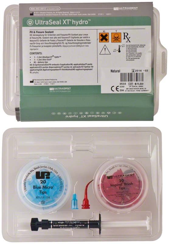 Verpackung mit Fissurenversiegler UltraSeal XT hydro und Zubehör.