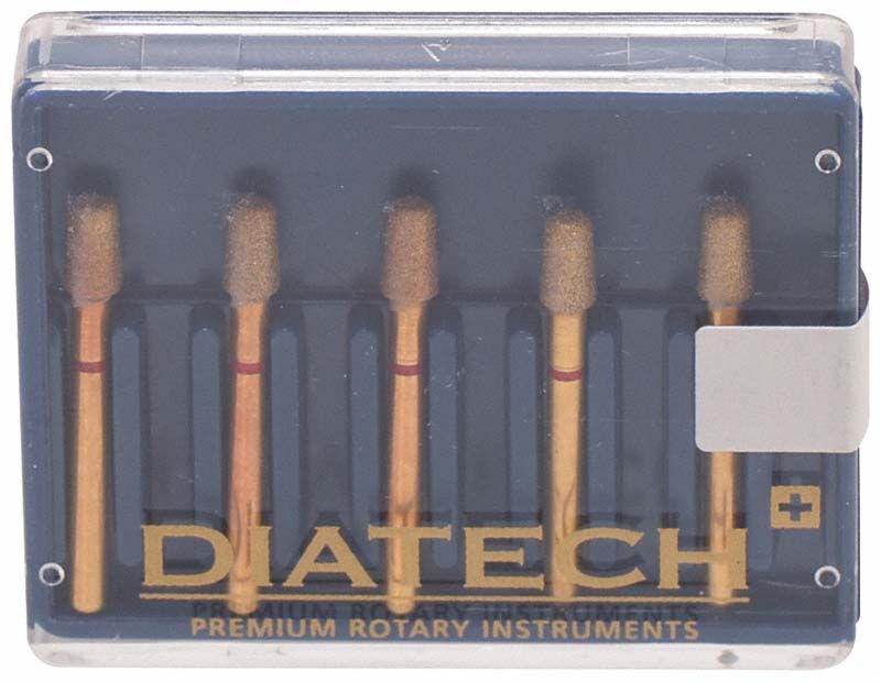 Diatech Diamant FG G845R 025 4F in transparenter Verpackung mit fünf Schleifaufsätzen.