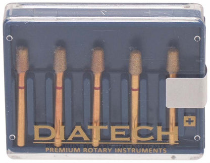 Diatech Diamant FG G845R 025 4F in transparenter Verpackung mit fünf Schleifaufsätzen.