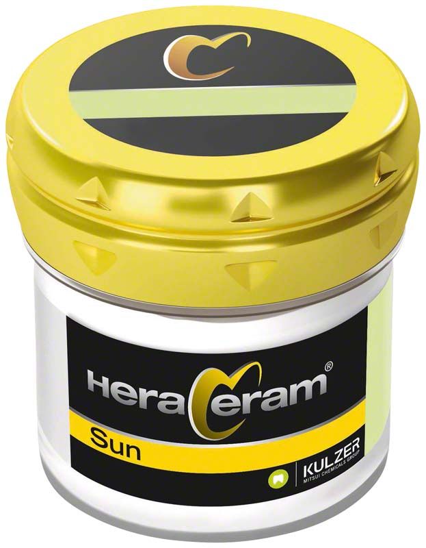 HeraCeram® Sun Enhancer EHB in gelbem Behälter mit schwarzem Etikett.