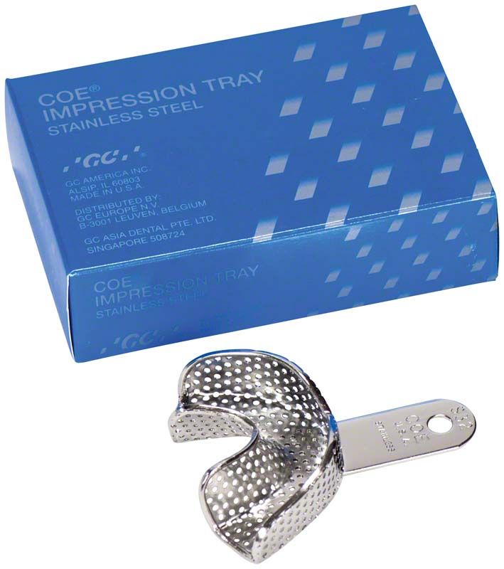 COE® Stahl-Löffel für Zahneindrücke mit Verpackung im Hintergrund.