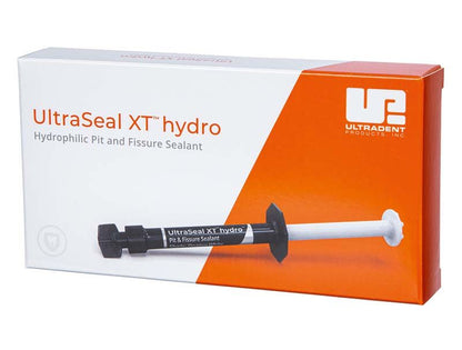 UltraSeal XT hydro Fissurenversiegler in Nahaufnahme mit Verpackung und Spritze.