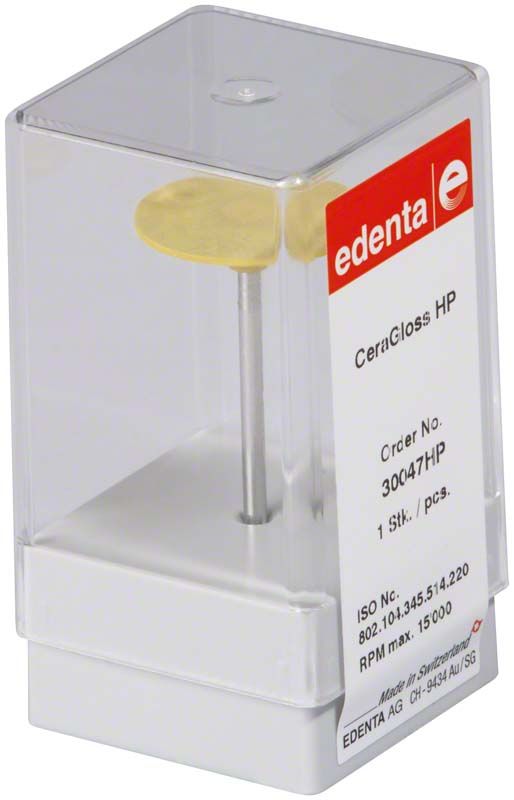Transparente Verpackung mit einer gelben CeraGloss Scheibe Flex HP von edenta.