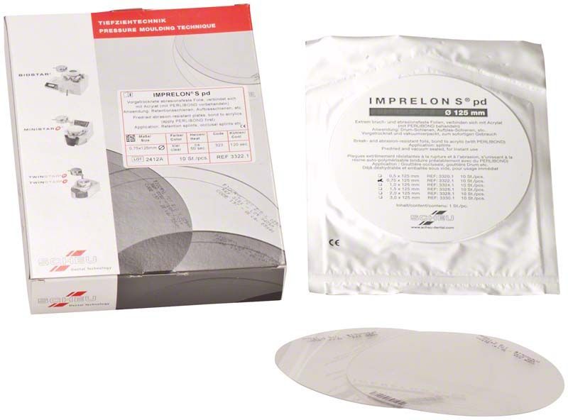 Verpackung und Sachet von IMPRELON® S pd Tiefziehfolien für Dentaltechnik