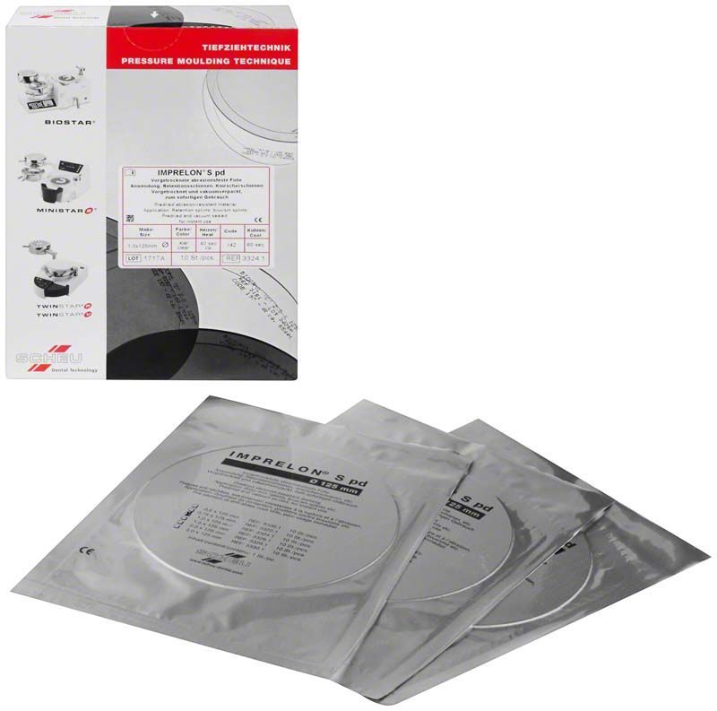 Verpackung und drei IMPRELON® S pd Folien für Dentaltechnik