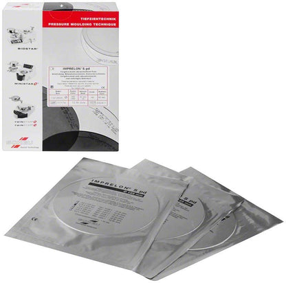 Verpackung und drei IMPRELON® S pd Folien für Dentaltechnik
