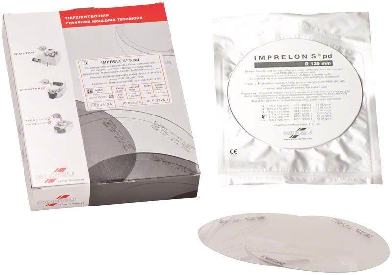 Verpackung und Folie der IMPRELON® S pd Tiefziehfolien für Dentaltechnik
