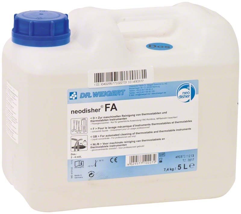 Alkalischer Reiniger neodisher® FA 5 Liter Kanister mit blauem Verschluss.