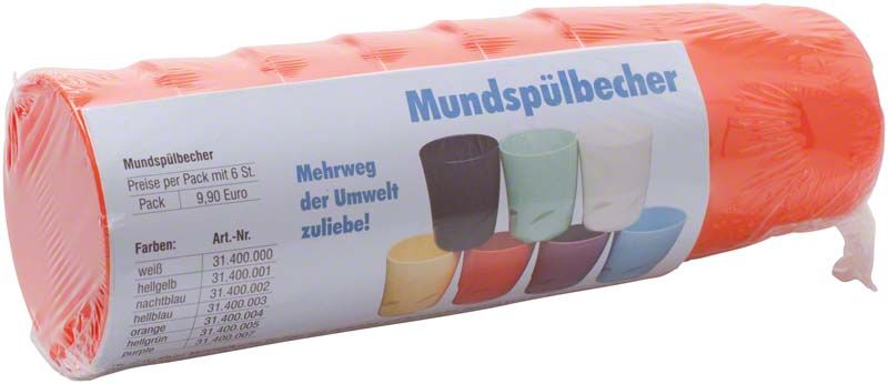 Oranger Mundspülbecher im 6er-Pack mit Verpackungsetikett.